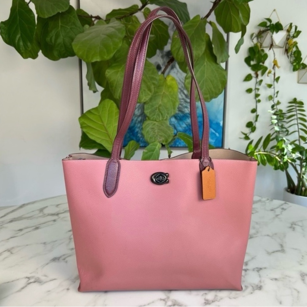 Coach Willow Pebble Leather Tote Colorblock Signature Canvas C0692 Candy Pink